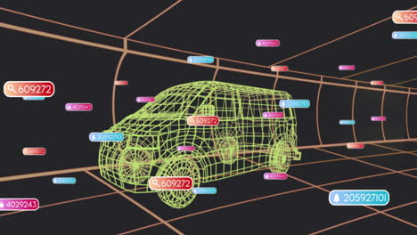 wireframe van model being rendered inside neon 3d grid space, showcasing floating colored data tags