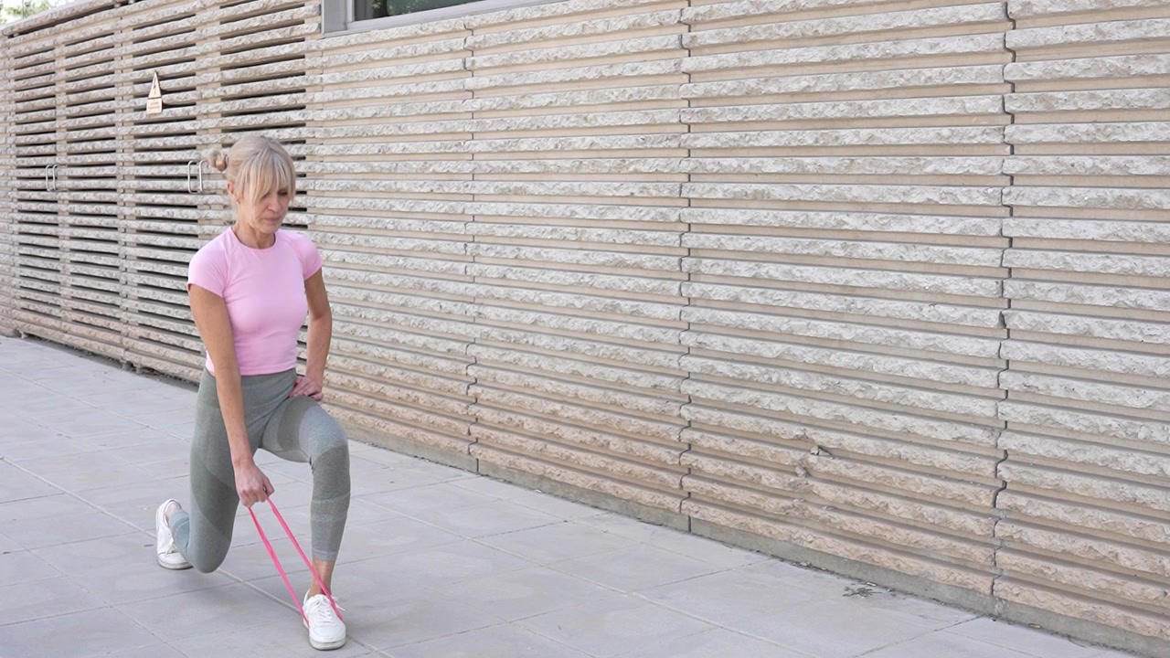 A woman is working out with a resistance band in an outdoor setting during her exercise routine