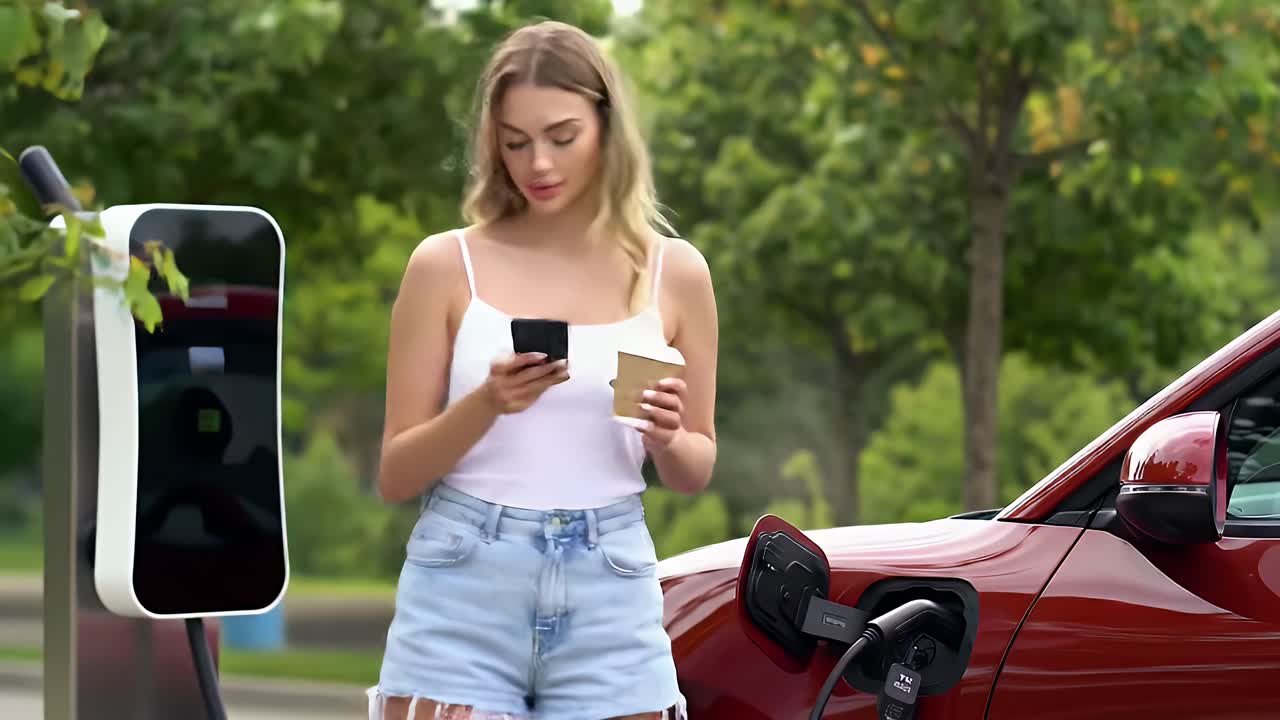 Una donna è in piedi accanto a una stazione di ricarica e sta guardando il suo telefono