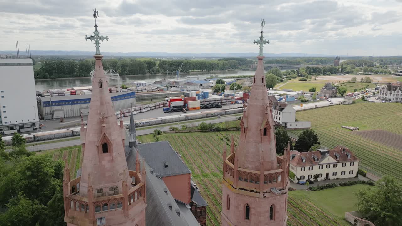 Cinematic Drone Orbit of the Historic Liebfrauenkirche (Church of Our Lady) in Worms, Germany, revealing its Gothic Architecture
