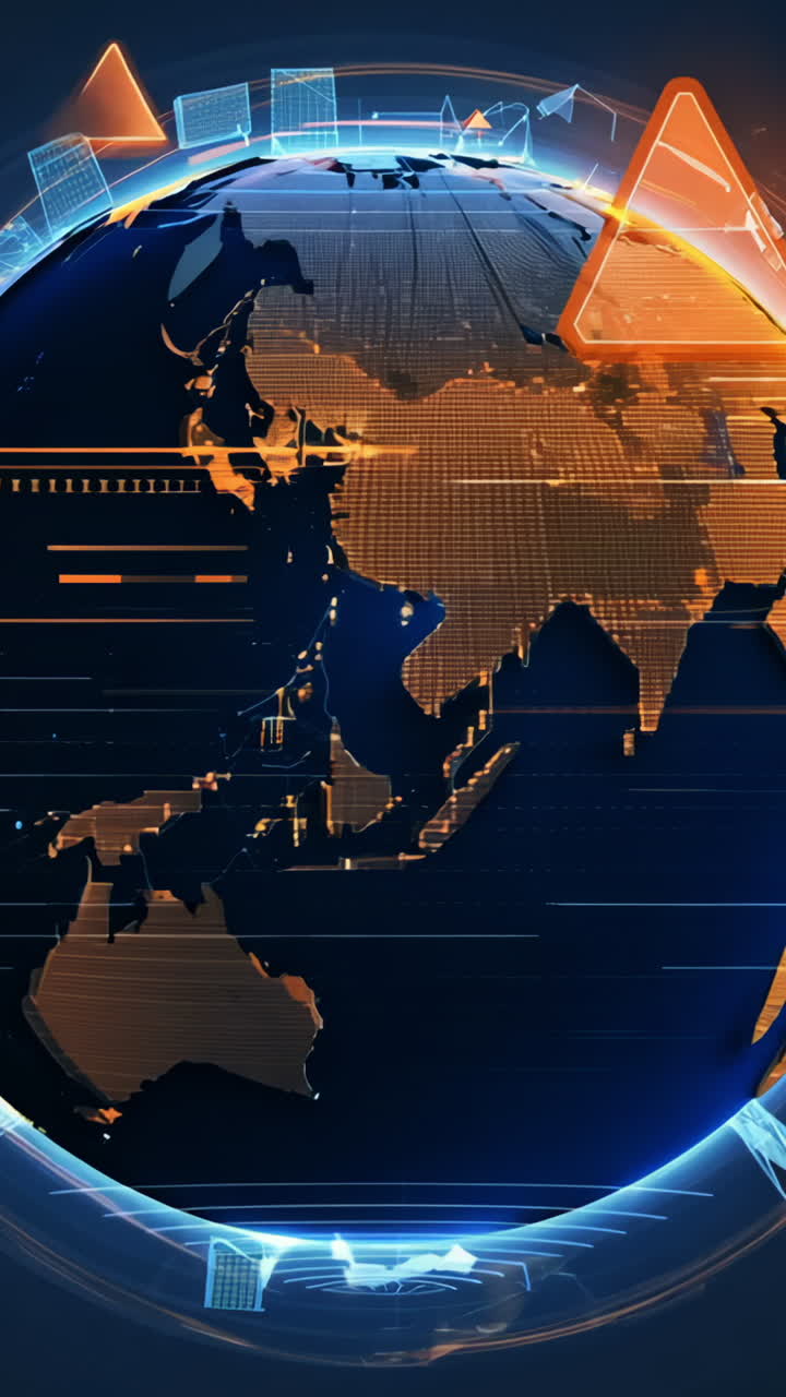 Global Network Visualization With Geometric Shapes in Digital Format. The globe is surrounded by geometric shapes, illustrating a digital network with data flow and connectivity. Vertical video