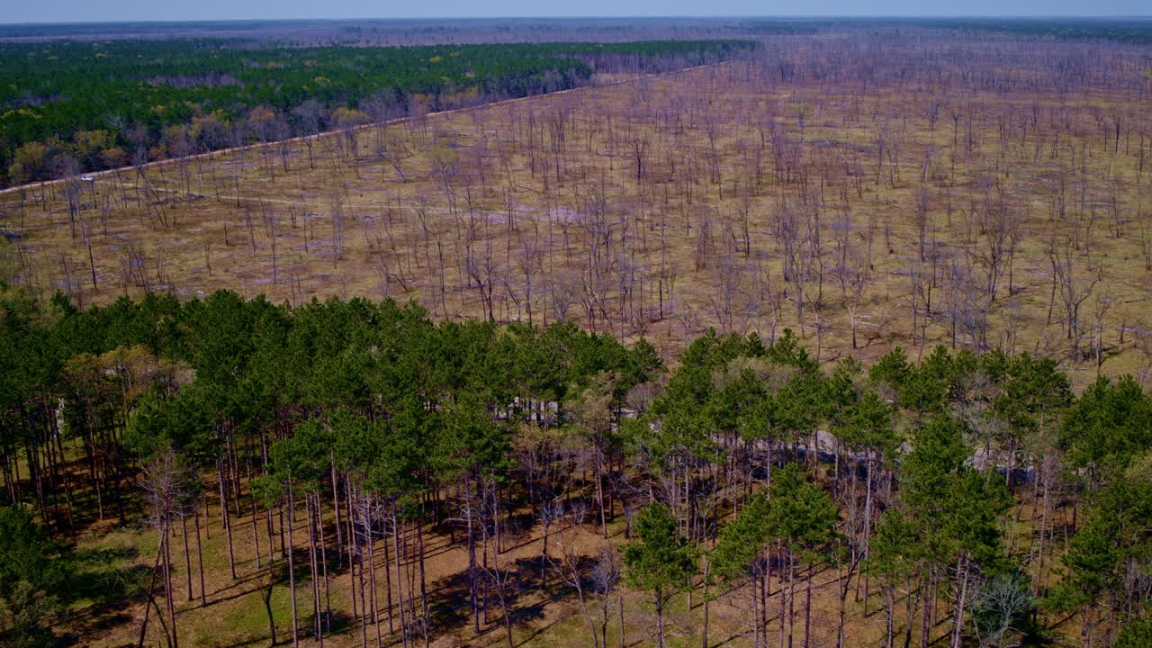 Sweeping aerial views from a drone over scorched land.