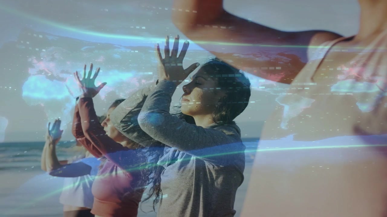 Four women on cue raising arms then praying for wellness with drifting cyan light crossing group