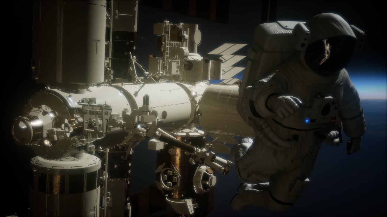 지구 위의 우주 공간에 있는 국제 우주 정거장과 우주 비행사