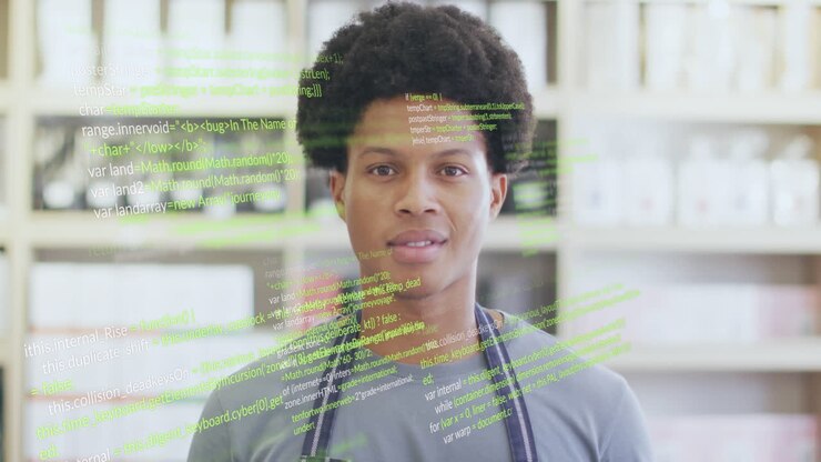 Animation of data processing over biracial male shop assistant smiling