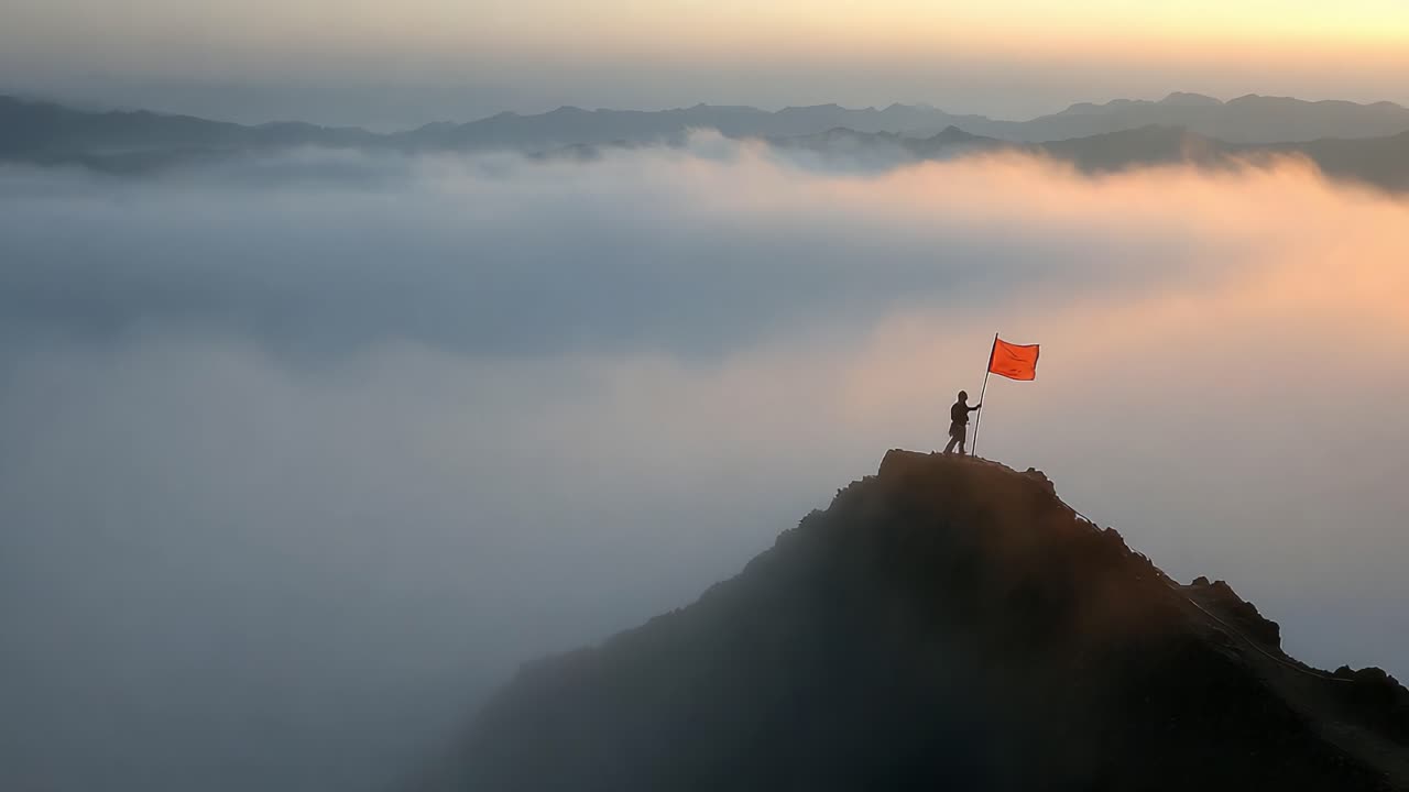 A Determined Climber Waves a Flag from the Summit, Overlooking a Sea of Clouds at Dawn, Symbolizing Triumph and the Spirit of Adventure in Rugged Terrain