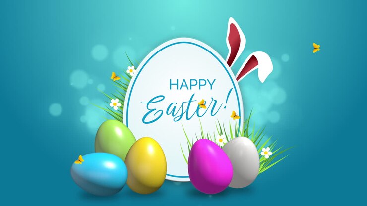 Easter sticker animation with rabbit ears and colored eggs on a blue background with butterflies. Happy Easter. Looped video.