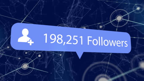 animation of followers growing number over network of connections on blue background