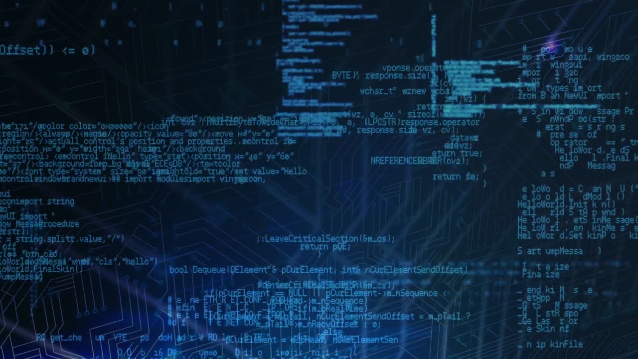 Animation of data processing and binary coding on blue background