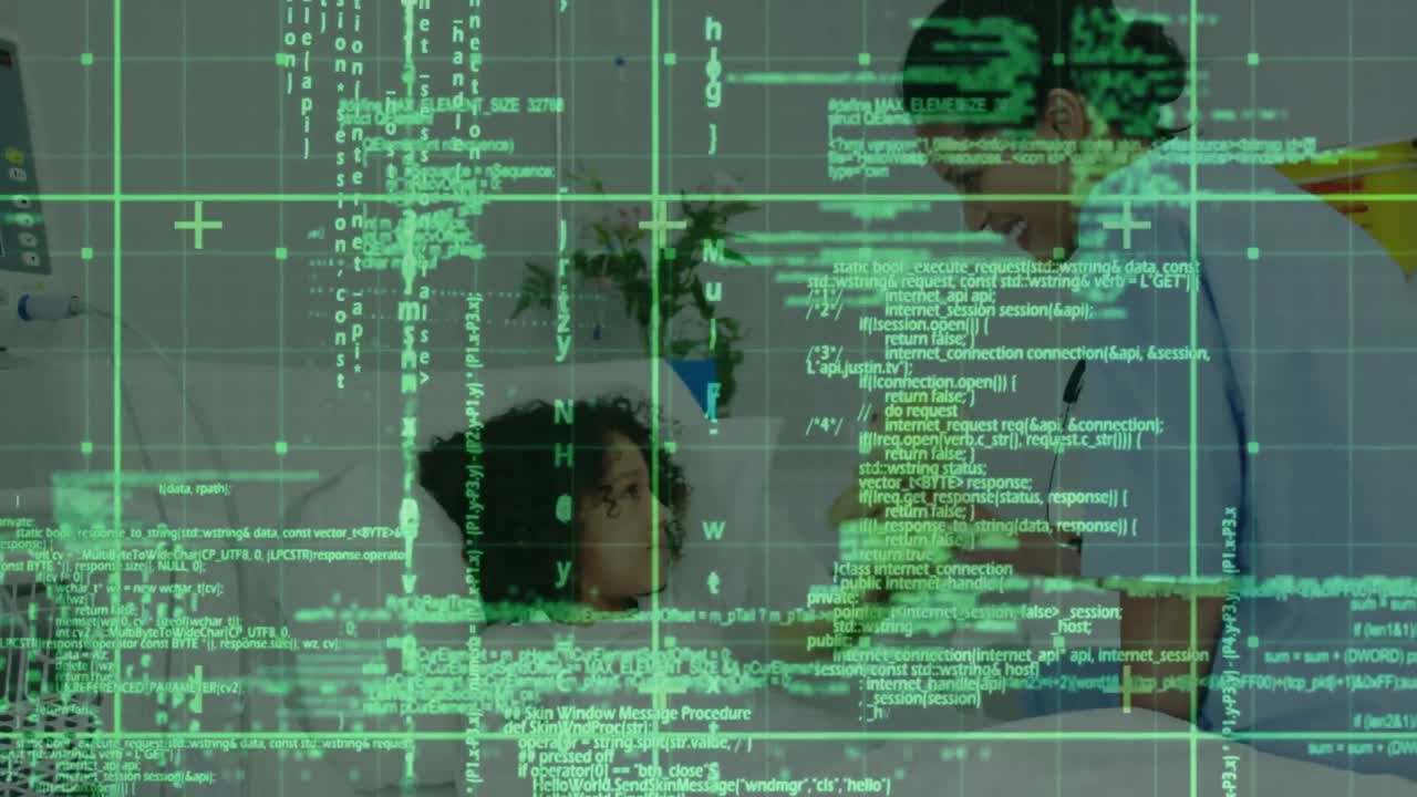animação de processamento de dados sobre uma médica biracial a cuidar de uma criança paciente