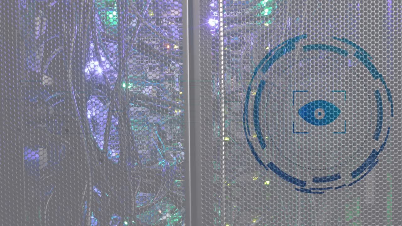 조명된 데이터 서버 랙 위의 로딩 서클에서 뷰파인더와 눈의 애니메이션