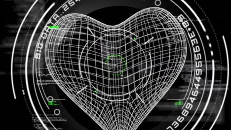 animación del alcance del escaneo de adn sobre el logotipo digital del corazón y el procesamiento de datos