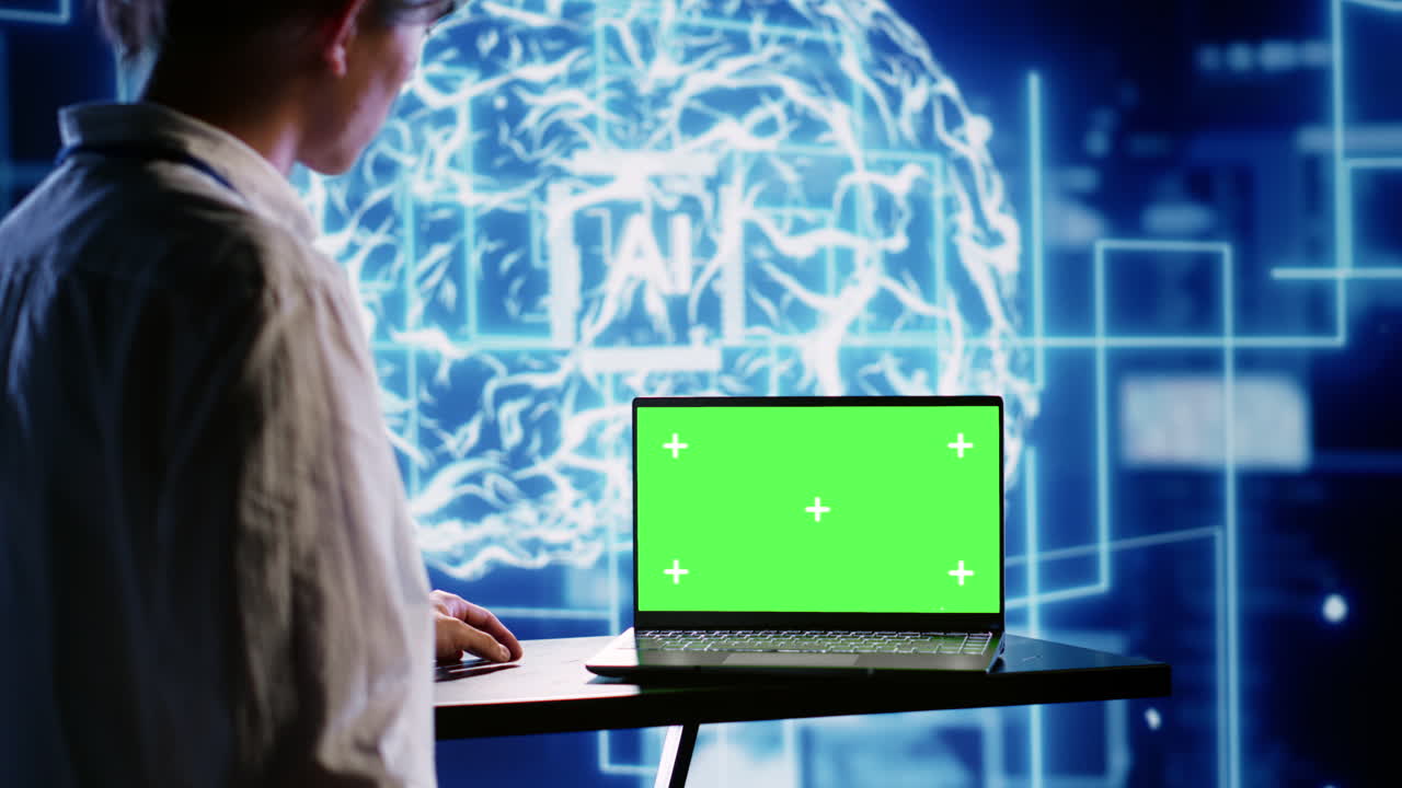 Worker uses chroma key laptop for AI