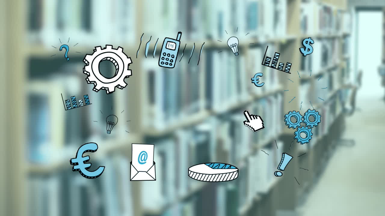 사무실 항목의 다채로운 아이콘이 배경에 초점을 맞추지 않습니다.