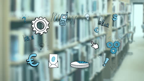 bunte icons von büroartikeln im hintergrund aus dem fokus des büros