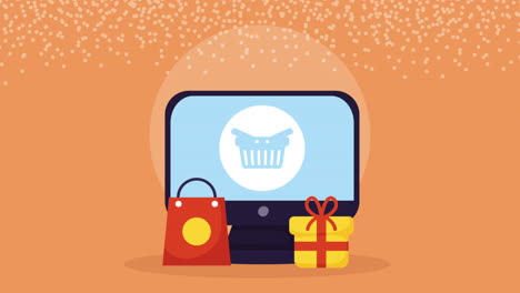 compras en línea con computadora, regalo y bolsa