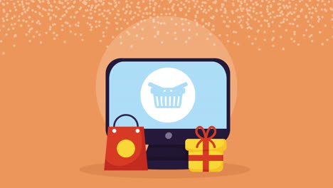 online shopping with computer, gift, and bag