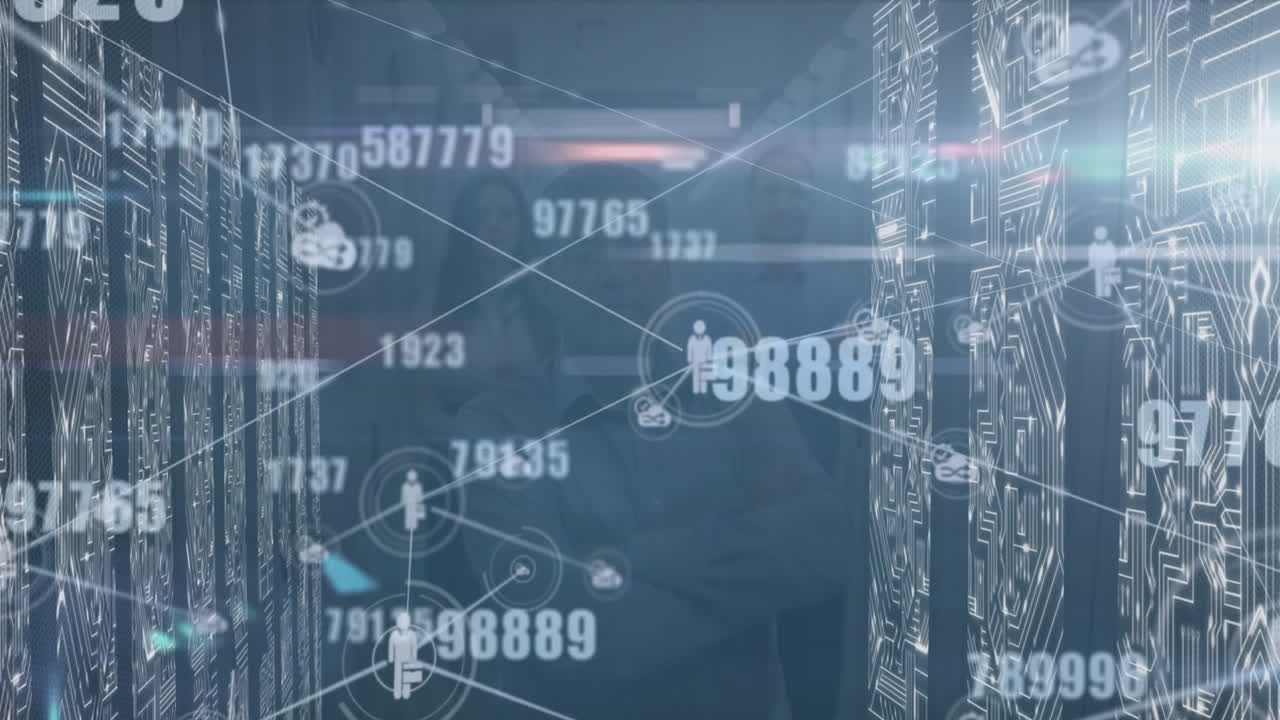 Animation of data processing and icons over cityscape