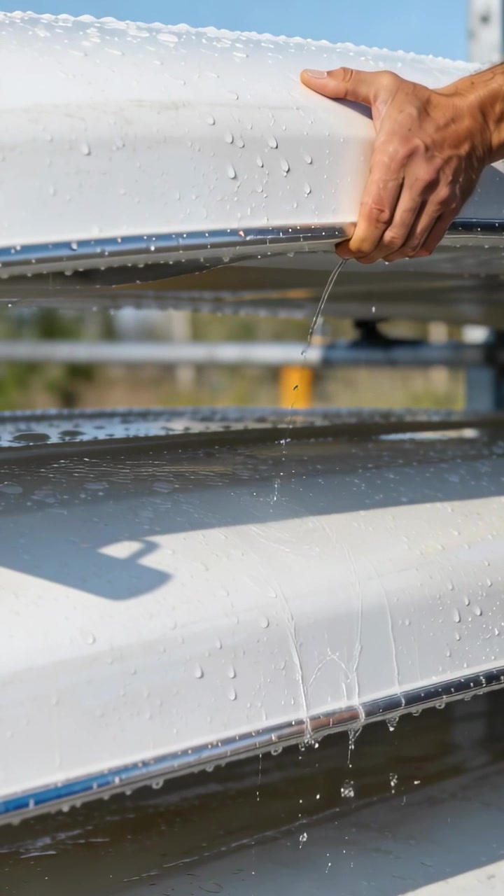 Vertical video: Tilting bare forearm lifting white kayak on rack as droplets run, draining water
