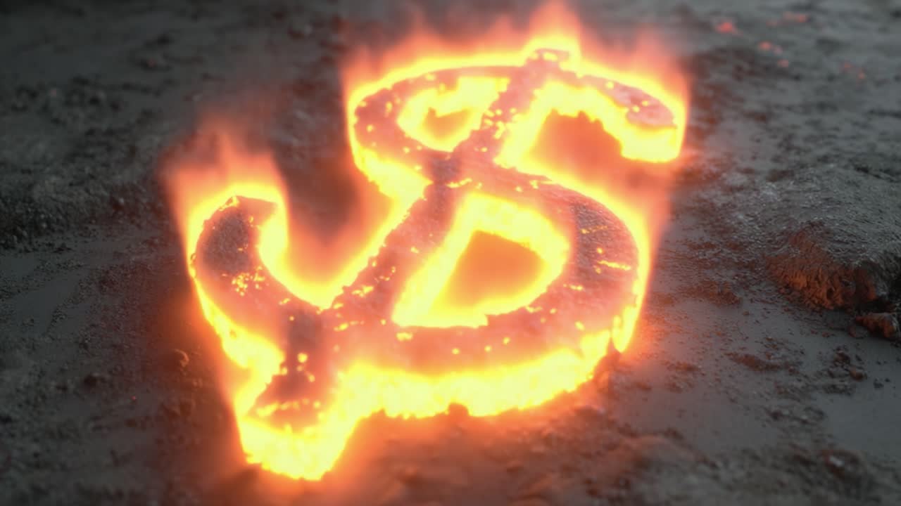 Zářící symbol dolaru vlisovaný do sopečné horniny, symbolizující bohatství a ekonomickou moc uprostřed eruptující krajiny přírodních sil.