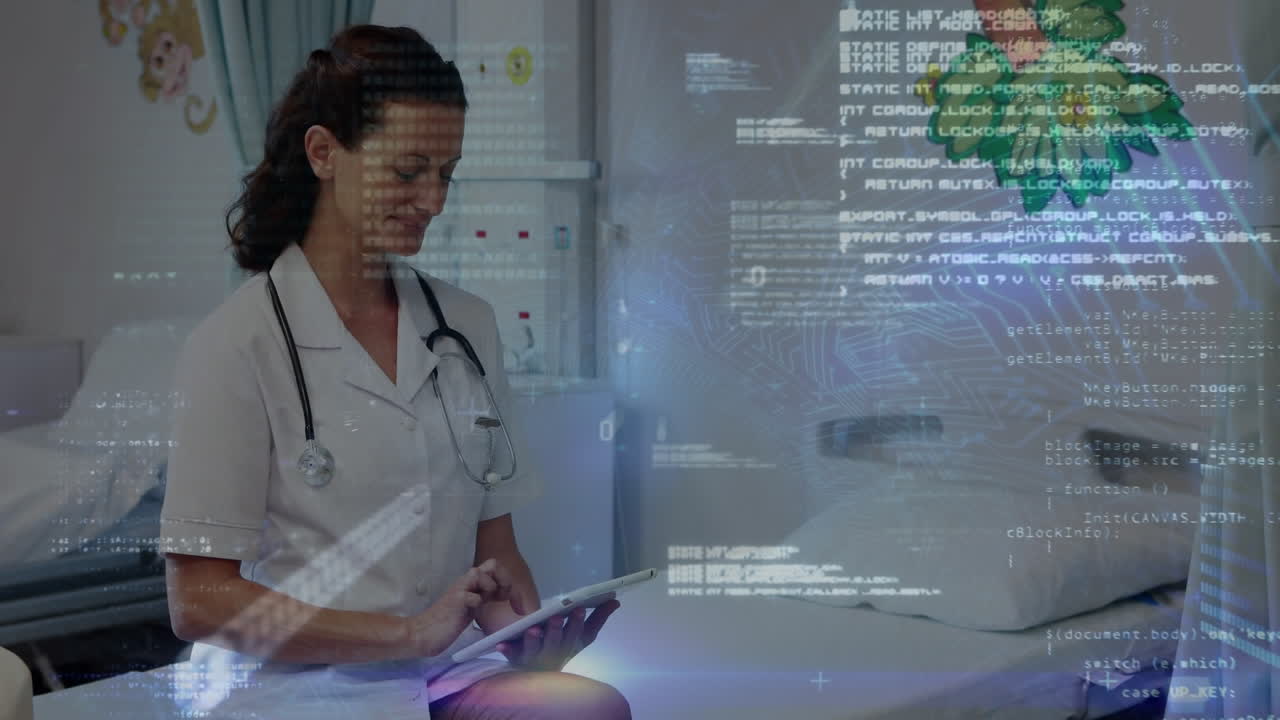 Animation of data processing over caucasian female doctor