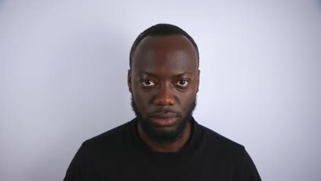 black male looking up in an angry state with white background