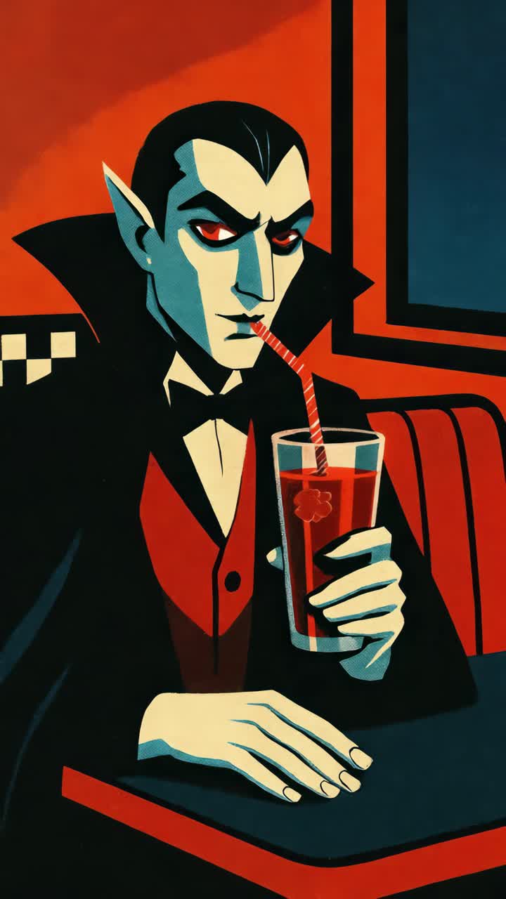 Vampiro stilizzato che sorseggia un drink in una tavola calda in stile retrò. Colori vivaci e design piatto. All'altezza degli occhi