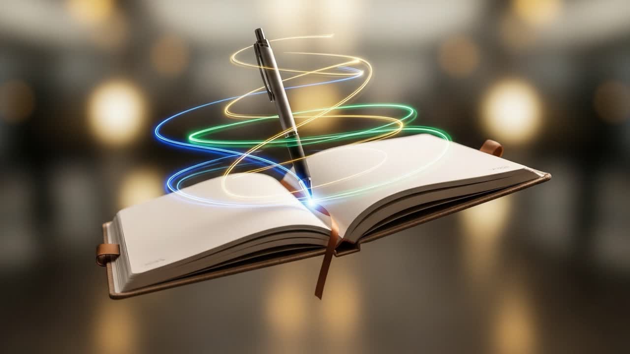 A Magical Pen Floating Above An Open Book, Creating Spirals of Light in a Dreamlike Atmosphere, Symbolizing Creativity and Inspiration