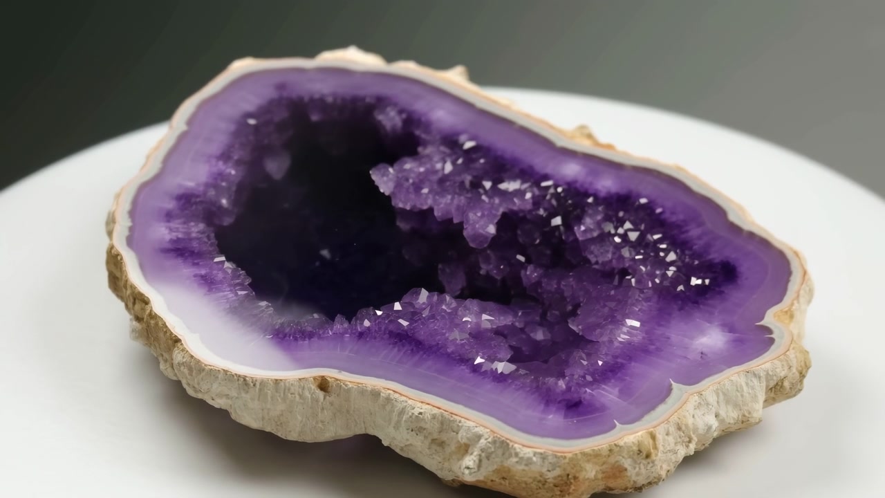 Fatia de geodo roxo sem ação observada, em prato branco contra fundo neutro, com fatia de geodo roxo, com textura de geodo, de uma perspectiva de cima para baixo, com detalhes roxos e brancos