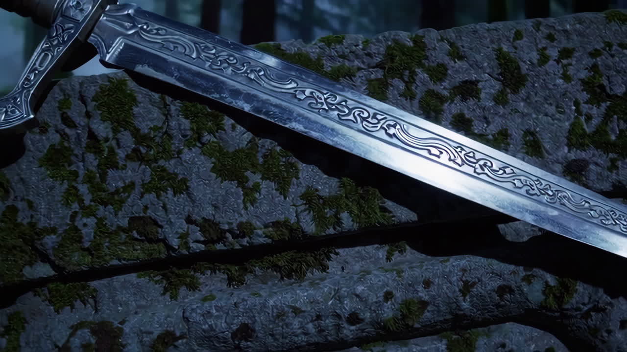 Ornate Sword on Ancient Stone in Moonlight Forest