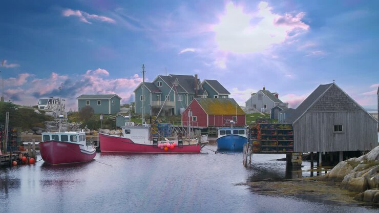 Scena idilliaca di un piccolo villaggio di pescatori in una splendida giornata di sole