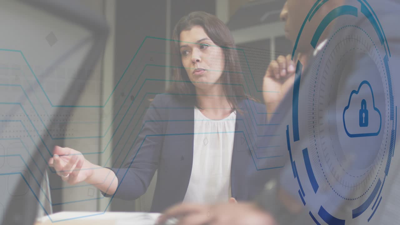 Adult woman raising hand showing cloud lock above peer and sweeping circuit lines for security talk