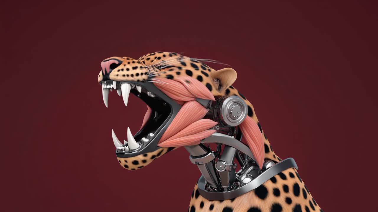Cabeça de Leopardo Ciborgue Futurista com Músculos e Mecanismos Expostos