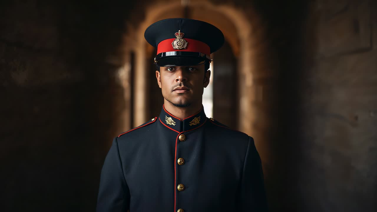 Standing ceremonial guard at attention as camera recording starting in archway with peaked cap