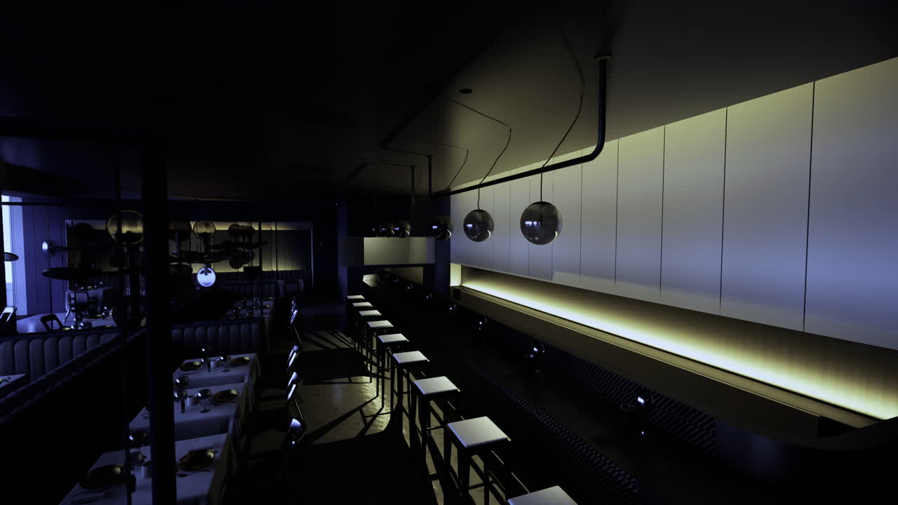 Modern restaurant interior with unique lighting during evening hours