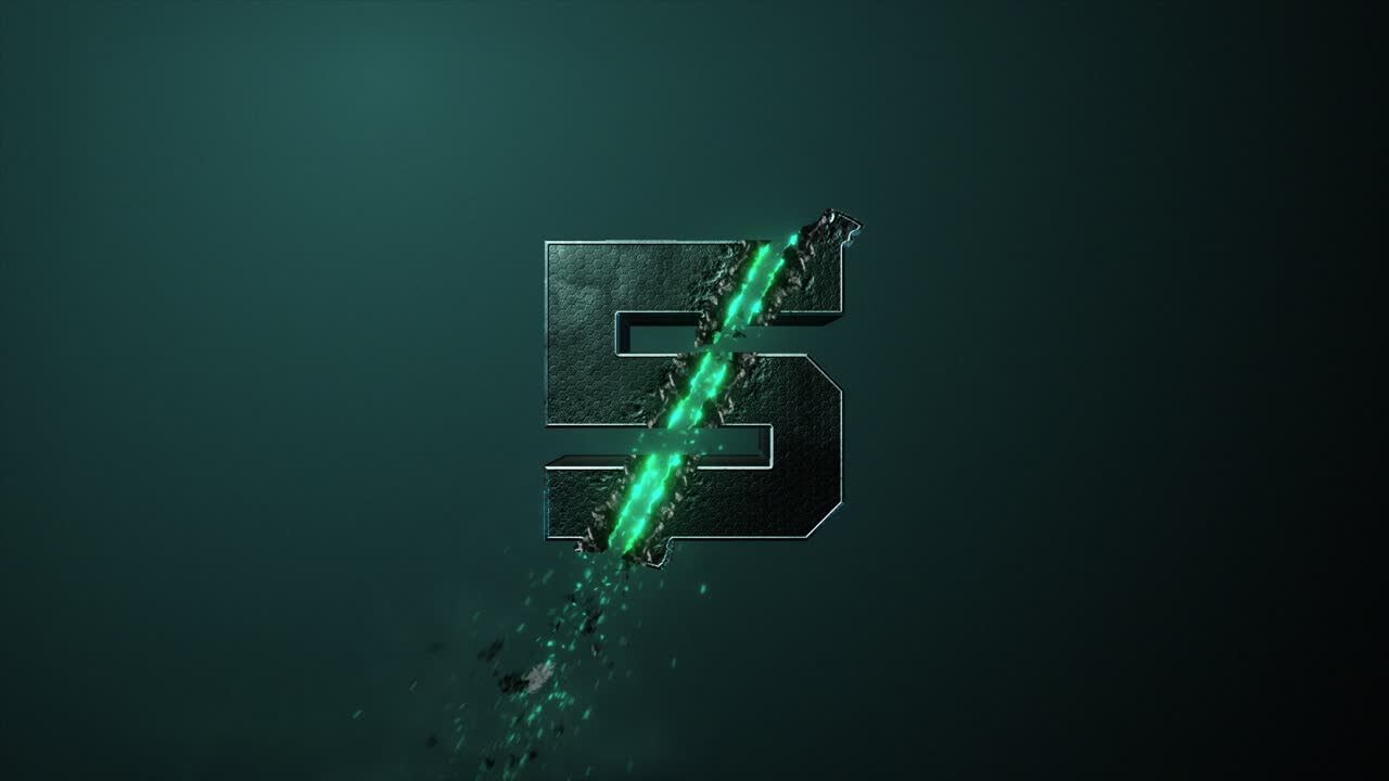 High quality 3D animated number Title Card or Chapter graphic, with hi tech sci-fi style 5 digit being zapped and sliced by a high powered laser, on a teal background