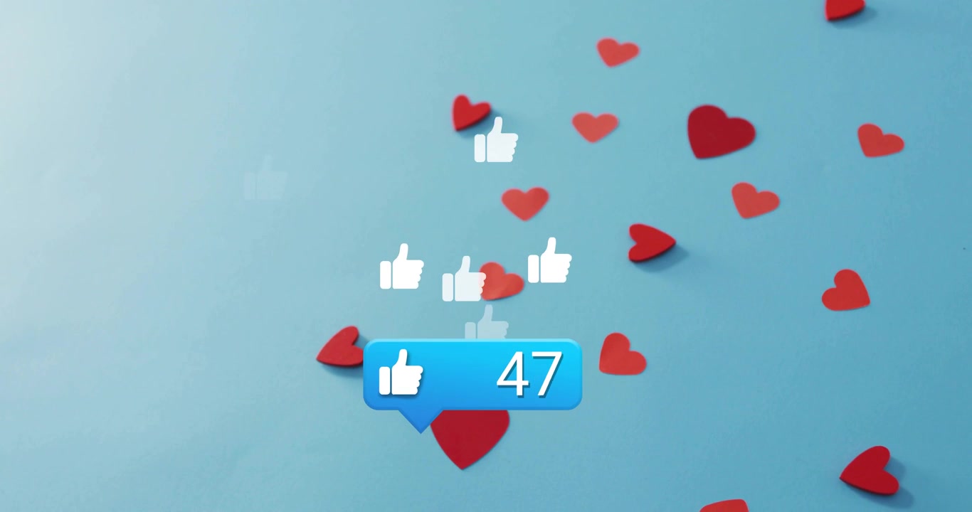 Cuori che fluttuano su un palco blu, una bolla che scorre aggiornando le icone 'mi piace', coriandoli che mostrano coinvolgimento.
