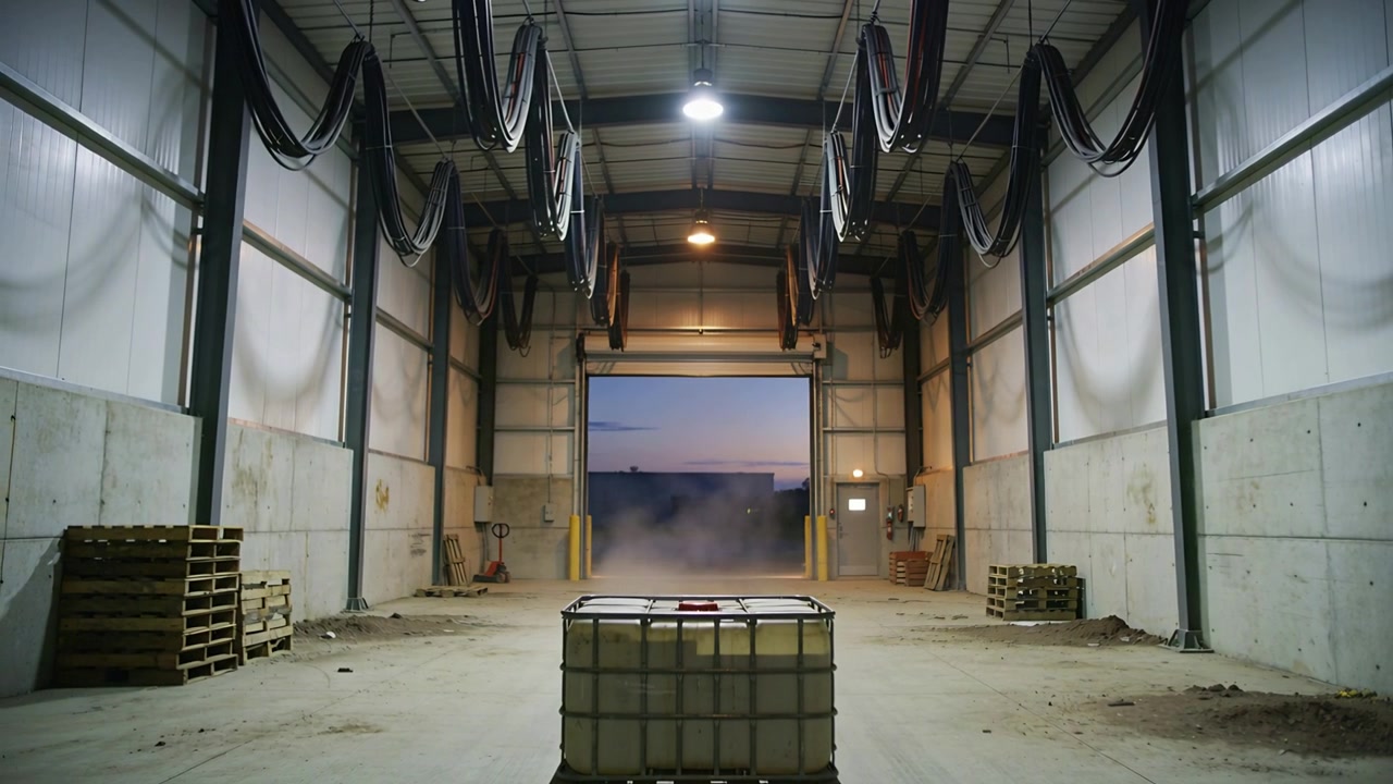 Drifting plume entering open roll-up door, moving across loading bay toward centered IBC tote