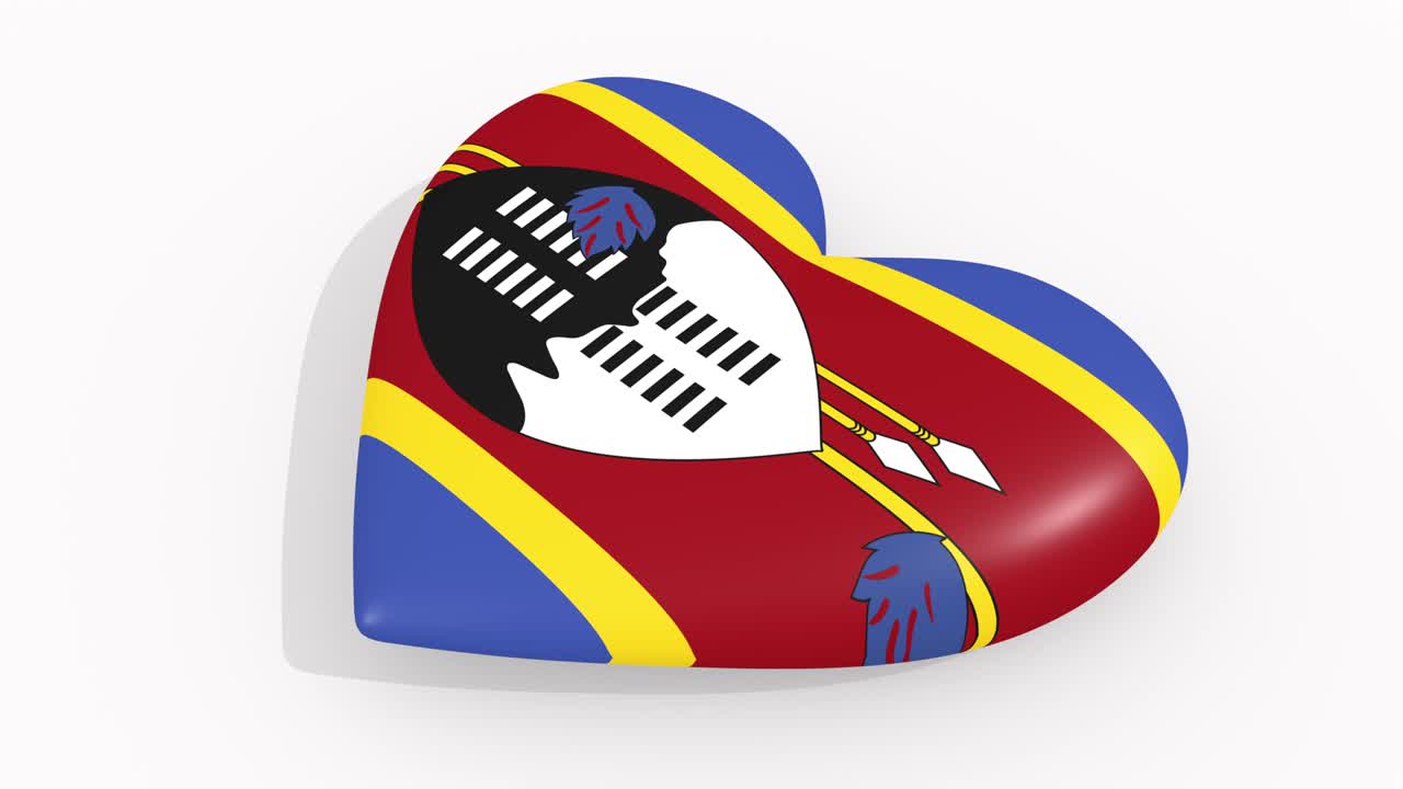 corazón con los colores y símbolos de swazilandia sobre fondo blanco, bucle