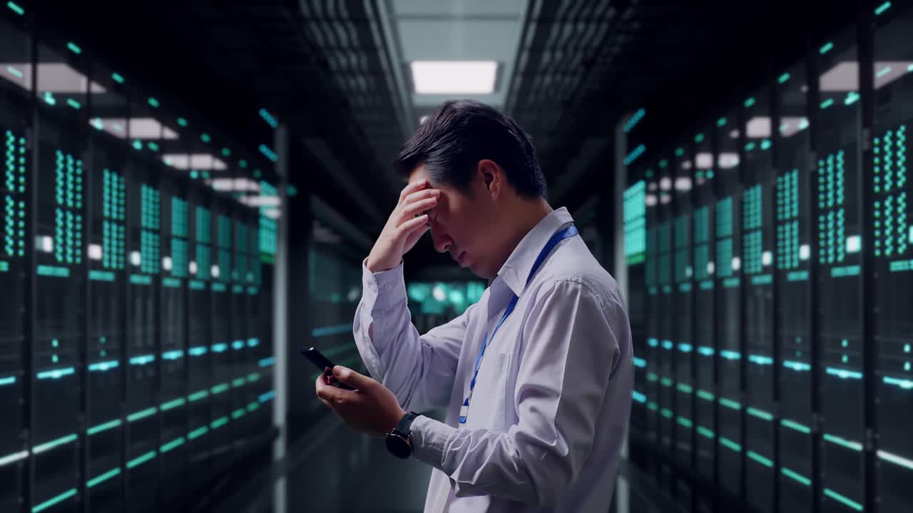 Side View Of An Asian Male Professional Worker Standing With His Smartphone in Server Room Data Center, Checking With Dissapionted And Nodding His Head