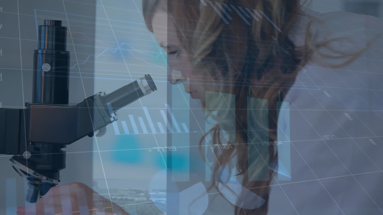 animación de gráficos, círculos de carga, investigadora caucásica examinando una muestra con el microscopio