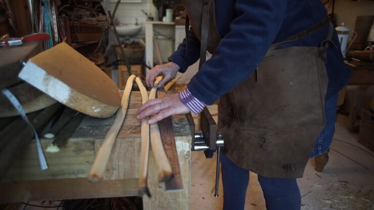A craftsman measures the wood while making a traditional welsh basket
