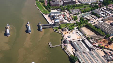 Aerial-view-of-the-Thames-Barrier-Control-Centre,-Woolwich,-London,-UK