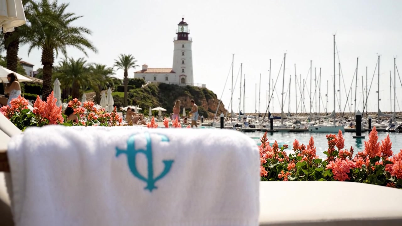 Vista tranquila à beira-mar apresentando uma toalha luxuosa, flores vibrantes e um farol pitoresco na marina sob céus claros e arredores serenos.