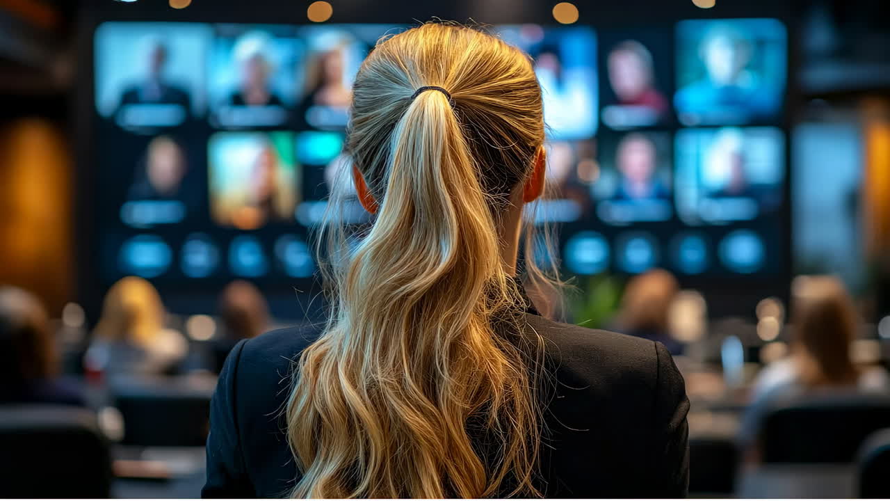 Business woman speaker at conference looking at digital screen. Rear view of blonde woman in suit facing audience on large video wall in dark auditorium conference hall