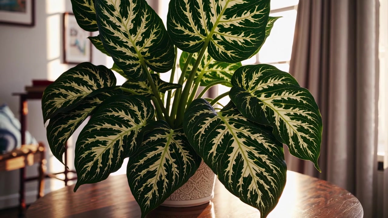 Pianta di Dieffenbachia in vaso su un tavolo di legno in una stanza soleggiata