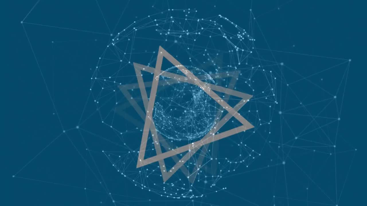 연결 네트워크의 글로브와 함께 회전하는  ⁇  삼각형의 애니메이션