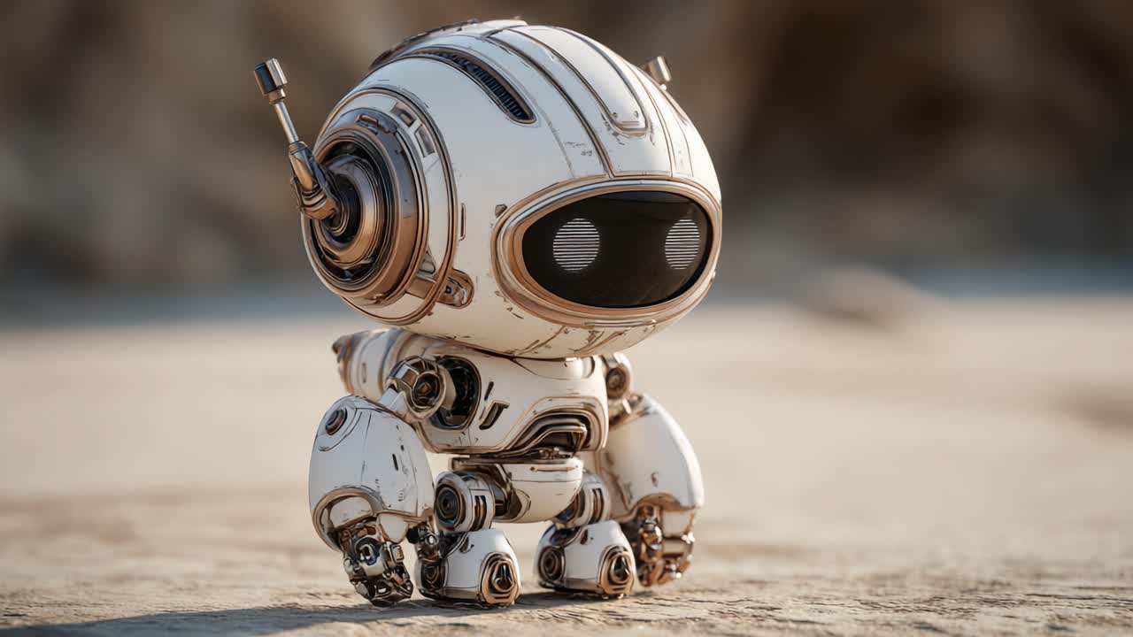En charmerende lille robot udforsker sine øde omgivelser, der fremviser unikt design og legende nysgerrighed i en futuristisk verden af teknologi og fantasi.