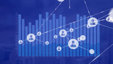 animation of financial data processing over network of connections with icons