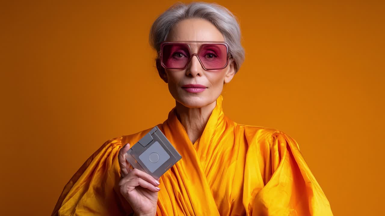 Una donna anziana elegante con uno stile audace: che mette in risalto un abito arancione brillante e accessori unici con sicurezza e grazia in un ritratto d'impatto.